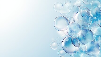   A group of floating bubbles against a light blue backdrop and a blue sky in the background
