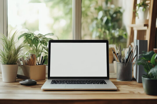 A blank screen laptop rests on a wooden desk, flanked by potted plants and office supplies. This well-lit workspace promotes creativity and productivity in a natural environment