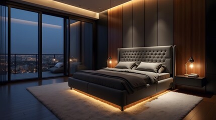 Modern Minimalist Bedroom with Dark Grey Bedding and Cityscape View