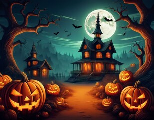 Fototapeta premium Halloween background with pumpkins and haunted house and moon