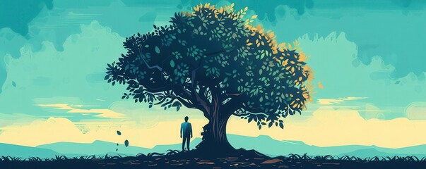 A person standing under a large, leafy tree at sunset with vibrant colors and scenic landscape background, depicting solitude and nature's beauty.