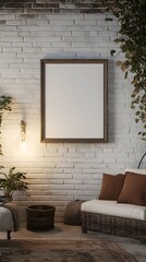 A 3D rendered image of an inviting countryside living area featuring a classic frame mockup displayed on a whitewashed brick wall complemented by vintage dcor and ambient lighting