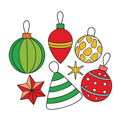 Vector illustration of Christmas ornaments: baubles, stars, candy canes, and bells in festive colors.