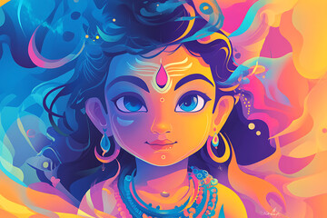 A vibrant cartoon illustration of Lord Shiva's child, beautifully capturing the essence of Hindu mythology