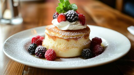 Fluffy souffle pancakes with a dollop of cream and assorted berries, white plate on a wooden table, close-up, capturing the textures and flavors