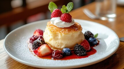 Fluffy souffle pancakes with a dollop of cream and assorted berries, white plate on a wooden table, close-up, capturing the textures and flavors