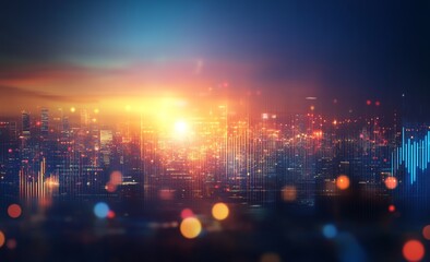 Obraz premium Blue and orange stock market graph on dark background with blurred light effects