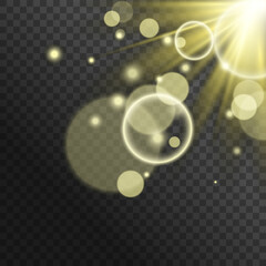 glow light effect. luminous element. a large star with a glow effect, iridescent sparks highlighted on a black background. vector transparent sunlight, lens flash effect or sun rays or spotlight flash