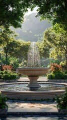 Scenic stone water fountain perfectly set against the stunning backdrop of distant mountains pictures