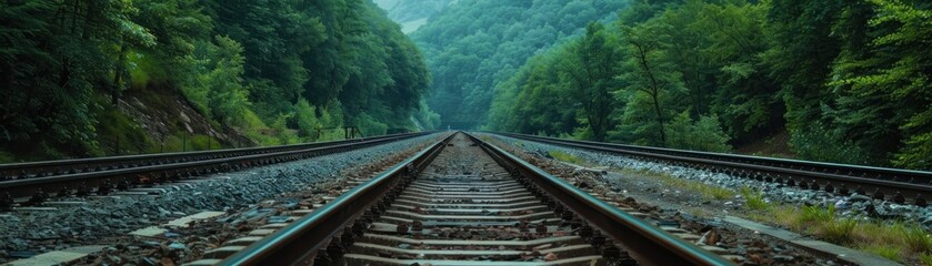 Fototapeta premium Railroad Tracks Winding Through Lush Green Forest, Scenic Excursion Destination, Explore Nature's Beauty, Travel by Train, Tranquil Railway Journey, Serene Landscape Photography, Picturesque Mountain