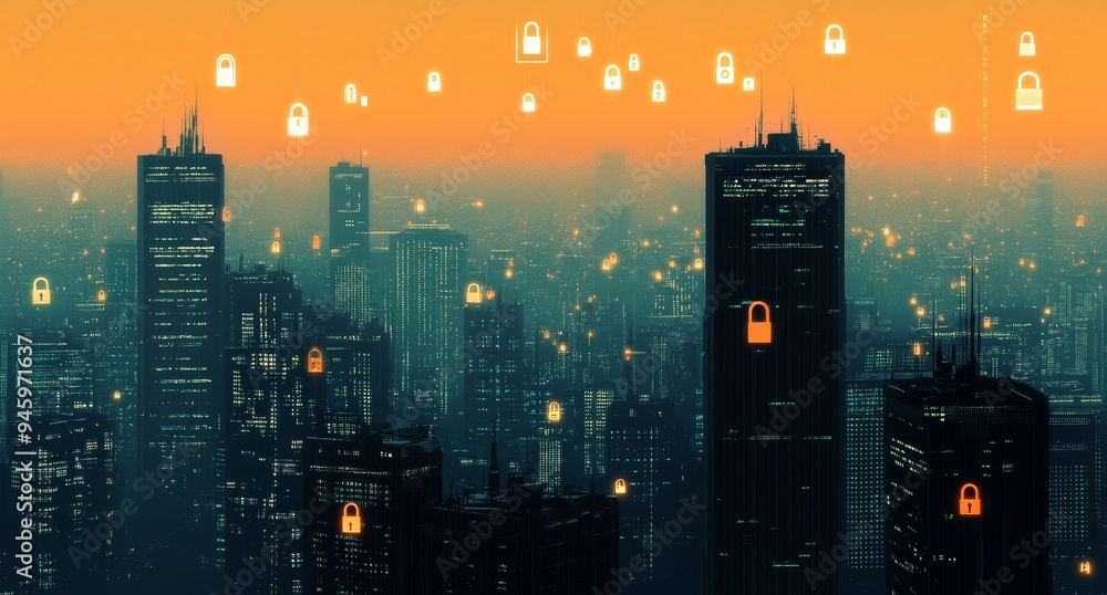 Poster cloud services company's commitment to security is represented by a digital cityscape with skyline s