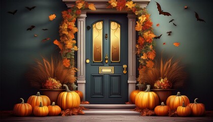 Obraz premium Halloween or Thanksgiving day decorated house door with spooky pumpkins and autumn holiday decoration. Generated AI.