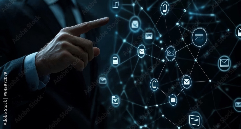 Poster digital document management concept, businessman touches virtual screen with documents and filtering