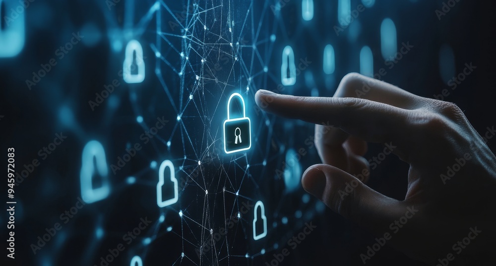 Poster businessman touching a digital document management system icon on a virtual screen, dark blue backgr