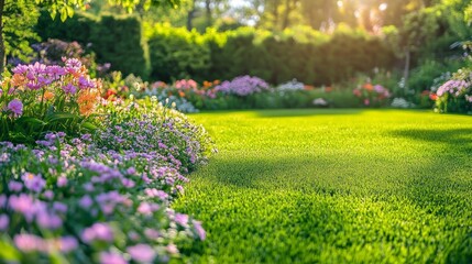 Beautiful spring garden. The green lawn emphasizes the blooming flowers in the garden. A diverse spectrum of colorful flowers, panoramic views of natural beauty