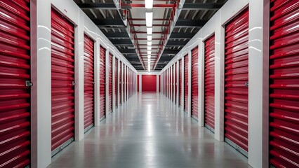  Long Row of Red Doors in a Self Storage Facility, Showcasing a Clean and Well-Run Business for Safe Keeping of Extra Belongings, Captured in Cinematic Focus