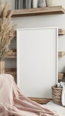 A 3D rendered mockup frame leaning against reclaimed wood shelving in a cozy farmhouse style living room interior  The neutral toned space features warm textured accents for a simple