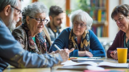 A group of older adults engaged in a creative writing workshop, sharing their stories and experiences