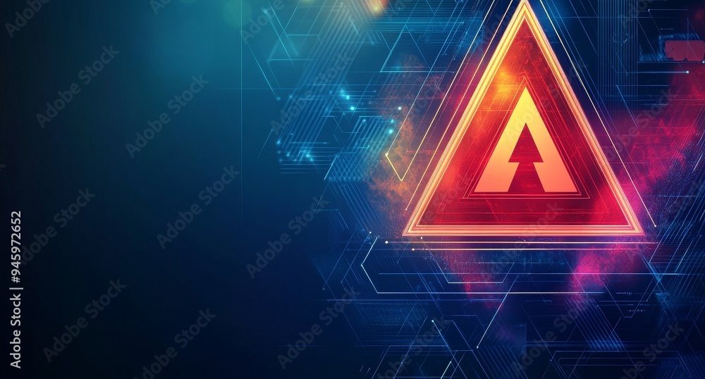 Poster in this digital illustration, an exclamation mark in a triangular shape is surrounded by security ic