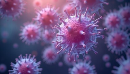 Viral particles in a microscopic view illustrating the spread of infection