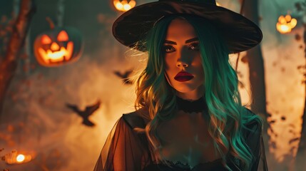 Mysterious Witch with Green Hair Amid Halloween Night