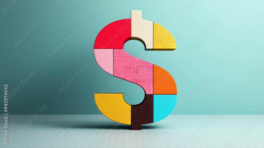 Poster a colorful 3d puzzle in the shape of a dollar sign, with each piece representing a different aspect 