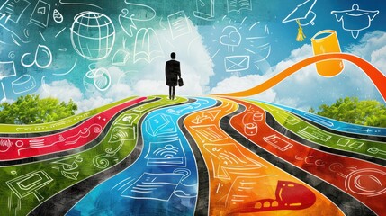 A creative representation of adult learning, showing various paths like career advancement, skill development, and personal growth
