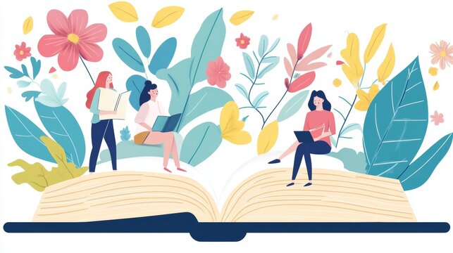 Illustration of people writing and reading books, in a paper cut style, with flat elements such as leaves and a pen on a white backdrop, creating an elegant yet playful environment