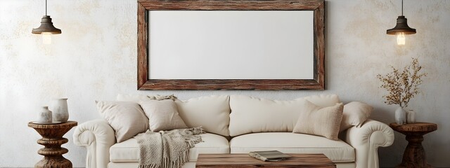 A 3D rendered mockup of a farmhouse living room interior featuring a distressed wood frame a cream colored sofa a turned wood side table a color throw blanket and overhead lighting