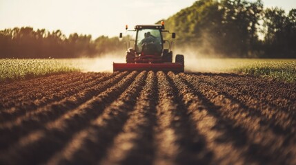 Fototapeta premium Tractor Furrowing a Field in the Golden Hour
