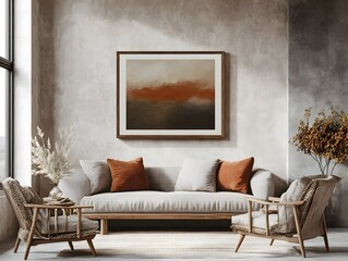 A 3D rendered mockup of a handcrafted wooden frame set against a dramatic chiaroscuro backdrop in a farmhouse style living room interior  The frame is layered with earthy decor elements