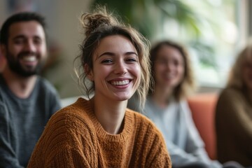 Group therapy session in a warm, inviting room with diverse participants sharing emotional support and connections during a reflective afternoon meeting.