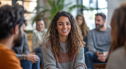 Group therapy session in a warm, inviting room with diverse participants sharing emotional support and connections during a reflective afternoon meeting.