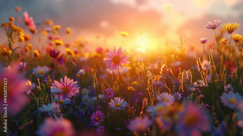 Wall mural sunset meadow