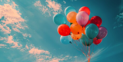 Fototapeta premium Colorful Balloons Floating in a Blue Sky With White Clouds on a Sunny Day