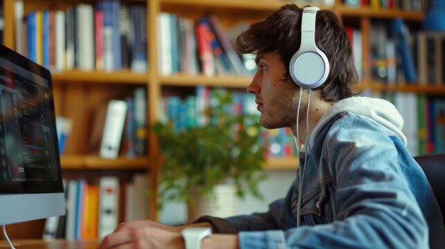 An adult student attending a virtual lecture, wearing headphones and interacting with the instructor via webcam