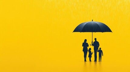 A family standing under a large, protective umbrella with a life insurance policy printed on it, life uncertainties, showing how life insurance provides protection against the unexpected