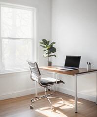 workspace with a simple wooden desk, a single laptop