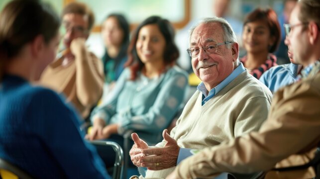 A language class for adults, with students practicing conversations in pairs and the teacher providing guidance