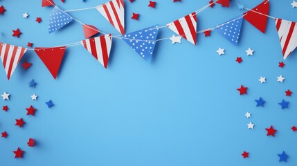 Obraz premium An animated background with red, white, and blue bunting decorations for the USA holiday in a flat design style with a dark navy gradient background Stock Illustration