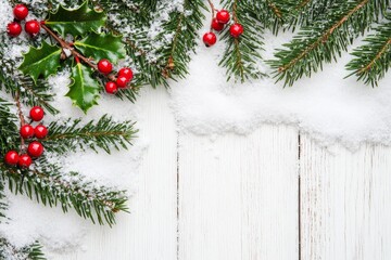 A background of fir branches and snowfall on a wooden white board for Christmas and New Year