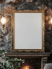 A 3D rendered mockup of an elegant gilded frame prominently placed on a stone fireplace in a farmhouse living room interior