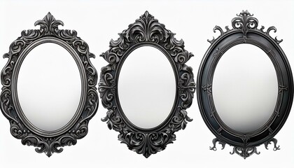 Halloween set of antique baroque black wooden oval picture frames isolated on white background. Decorative spooky, mystery, horror frame design. cutout.