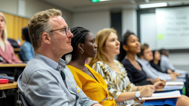 Adults sitting in a modern classroom, attentively listening to a lecturer explaining a concept on a whiteboard