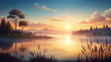a lake with sunrise conditions illustration background