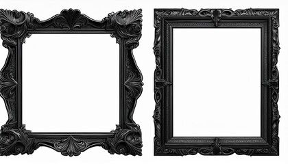 Halloween set of antique baroque black wooden rectangular picture frames isolated on white background. Decorative spooky, mystery, horror frame design. cutout.