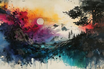 Obraz premium Moody landscape blending realism and abstract art with paint splashes and ink drawings during twilight by a serene lake.