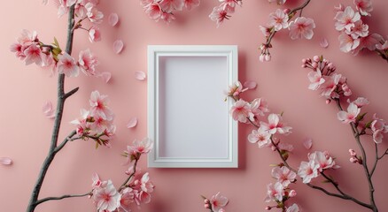 White Picture Frame Surrounded by Pink Cherry Blossoms on a Pink Background