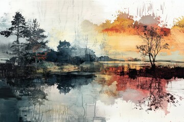 Moody landscape blending realism and abstract art with paint splashes and ink drawings during twilight by a serene lake.