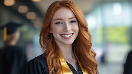 Fototapeta premium A smiling graduate in cap and gown, celebrating academic achievement.